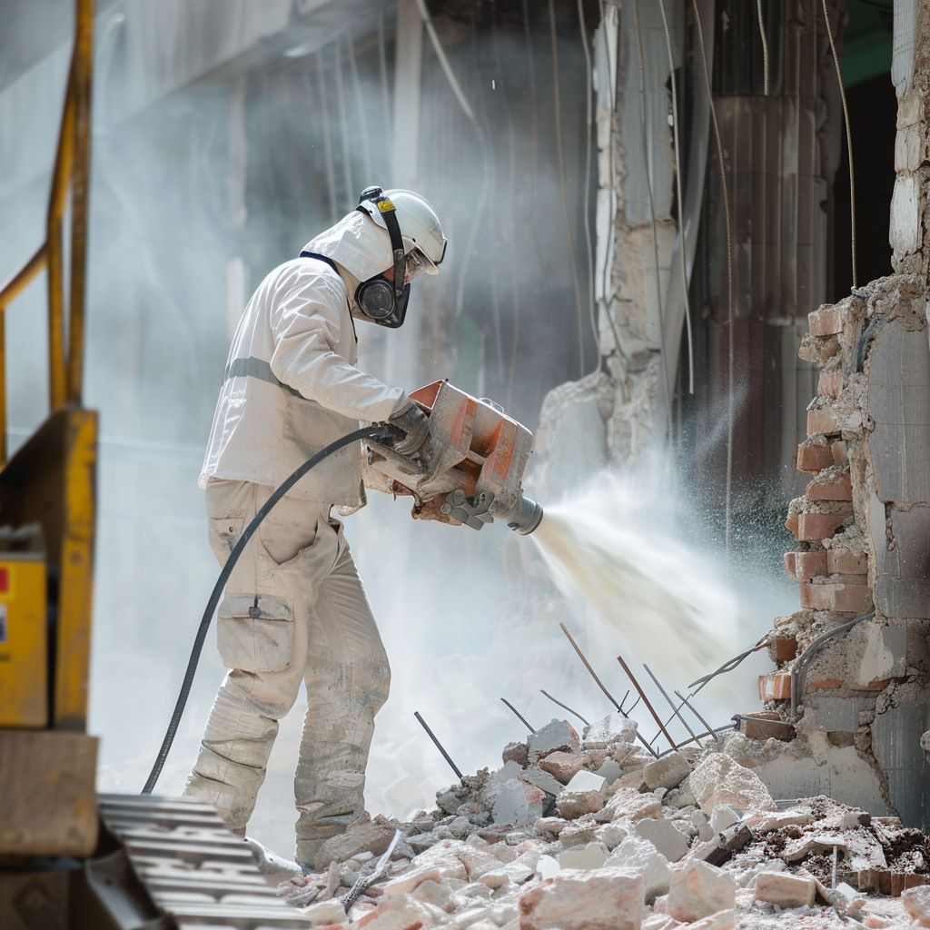 Worker in protective gear demolishing wall with power tool