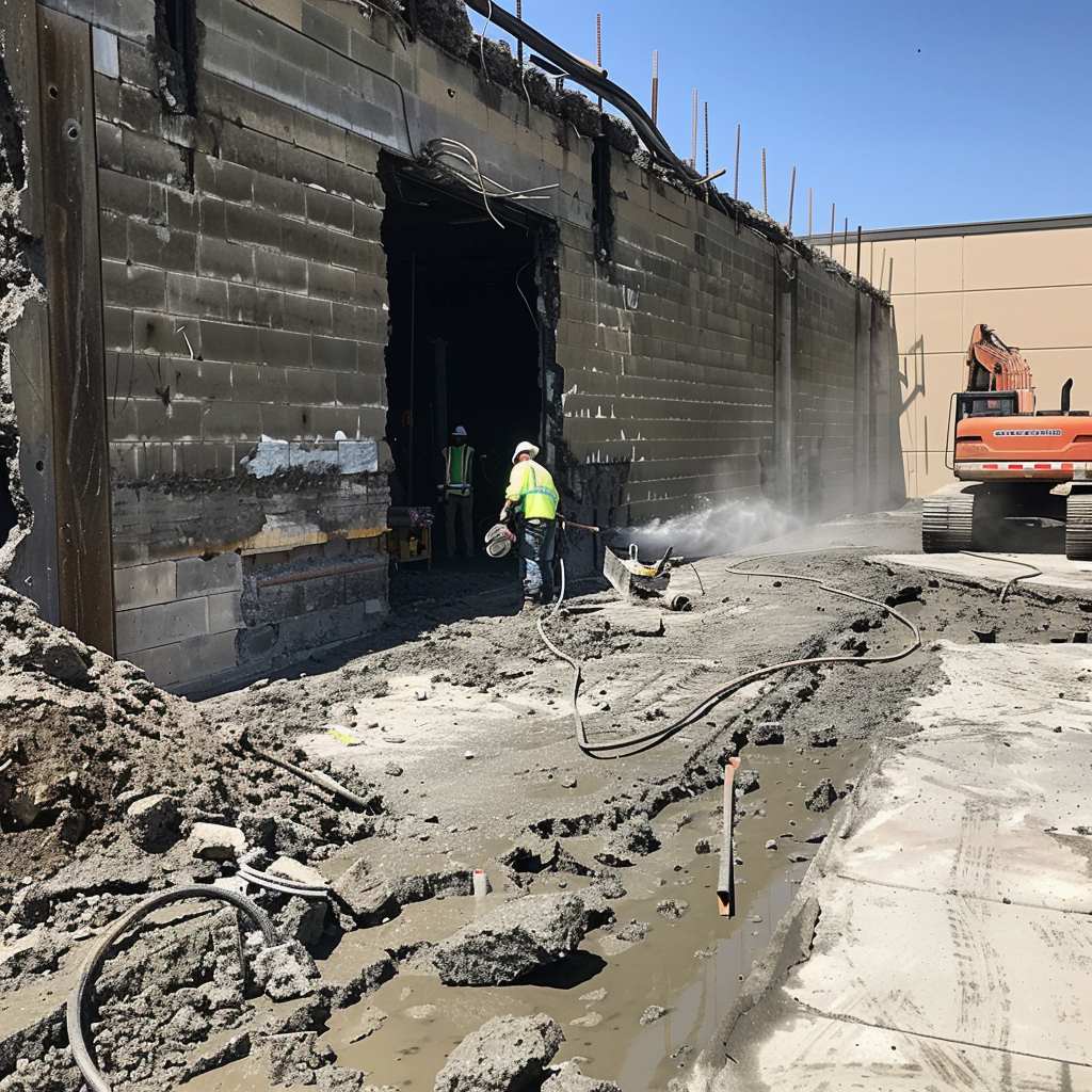 Worker using hose at construction site with damaged wall