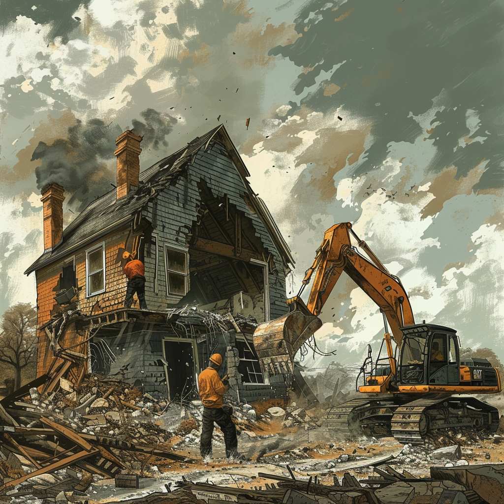 Workers demolishing house with heavy machinery