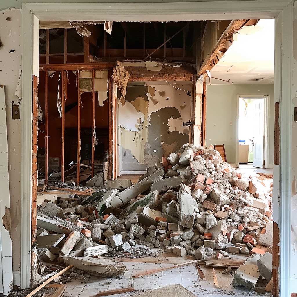 Demolition of a home, debris resting in the sunlight