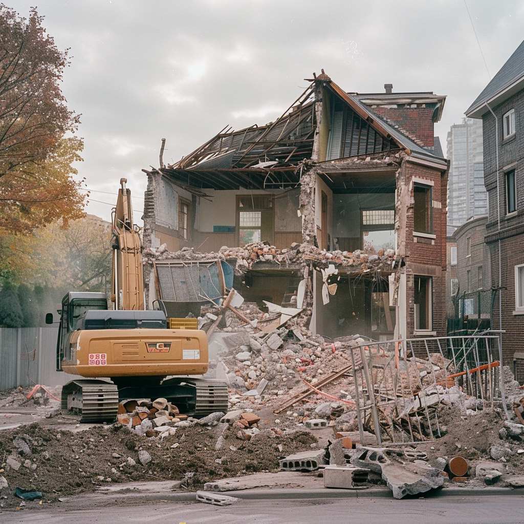 Excavator demolishing brick house amidst debris