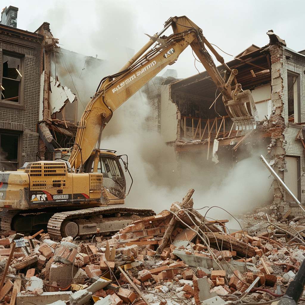 Excavator demolishing building surrounded by debris and dust