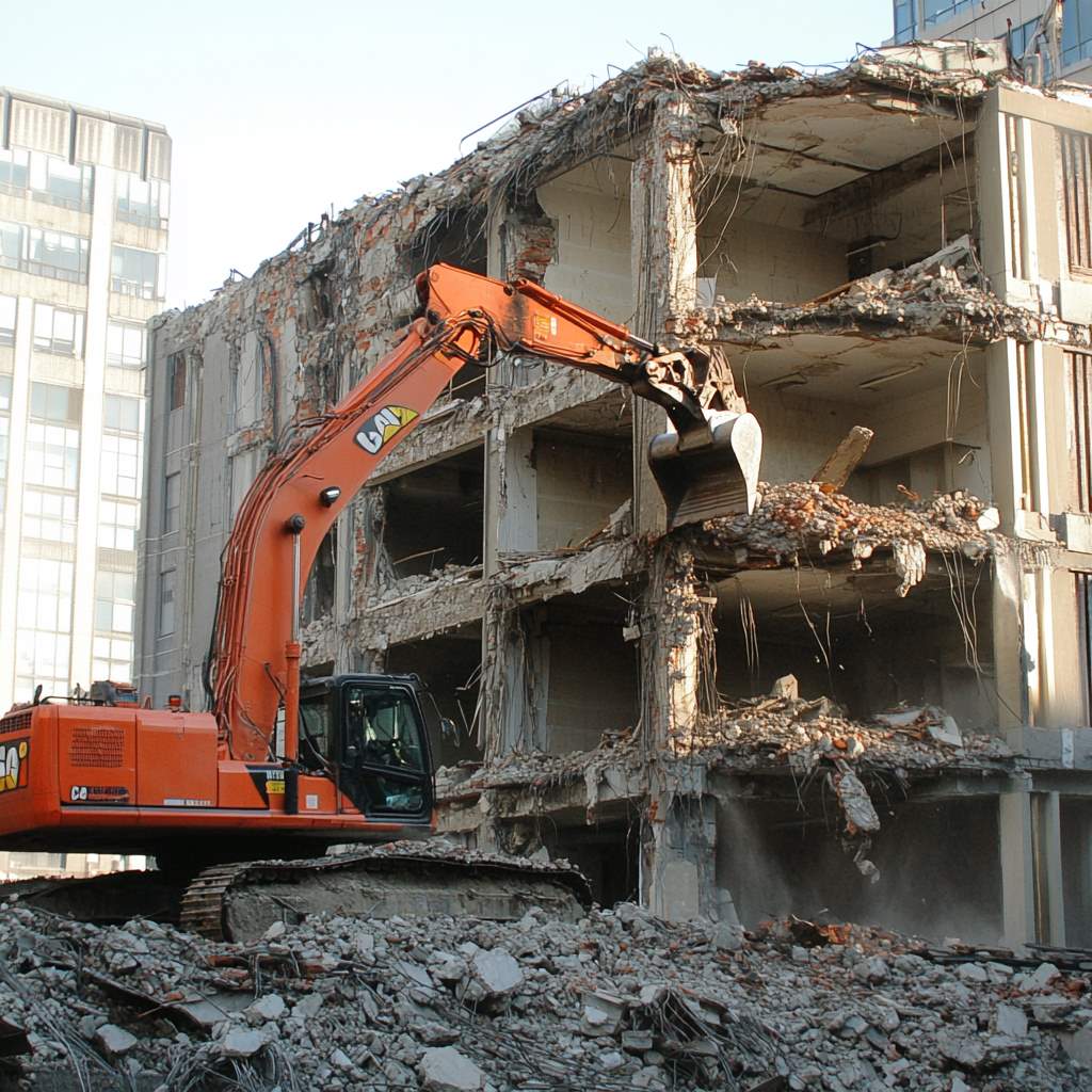 Excavator demolishing a concrete building