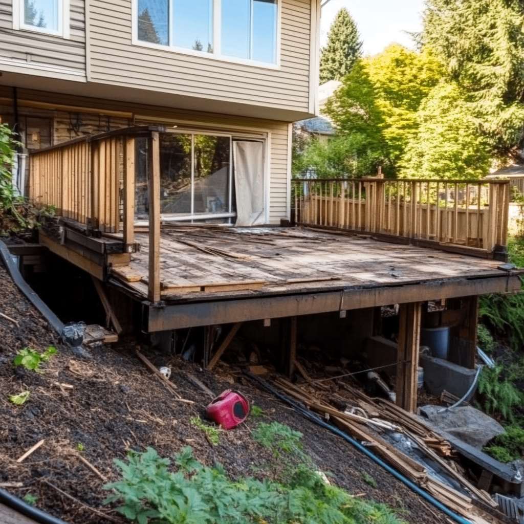 Dismantled wooden deck at residential home