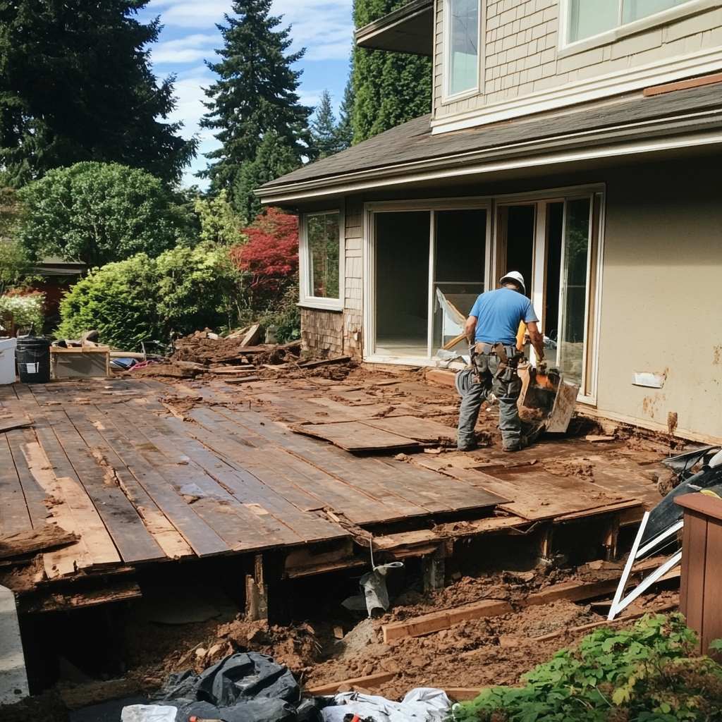 Worker renovating house exterior, dismantling wooden deck.