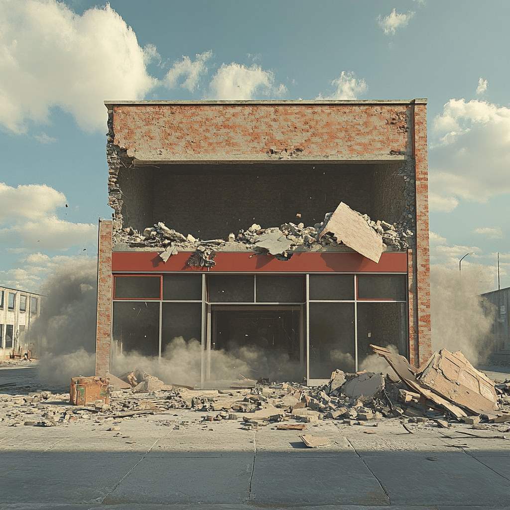 Damaged building facade with debris and clouds of dust