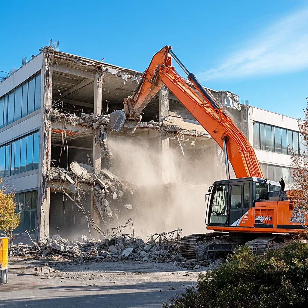 Excavator demolishing a building on a sunny day