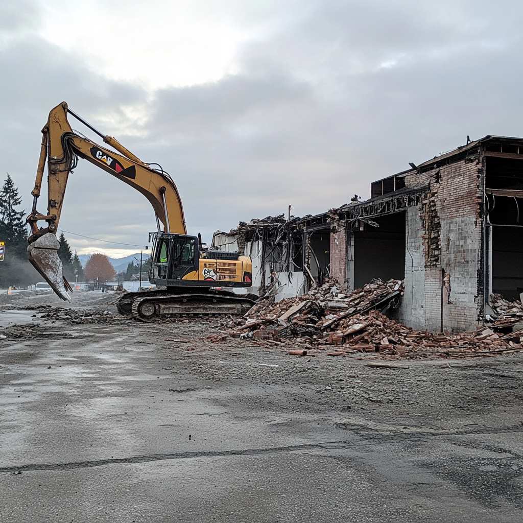 Excavator demolishing building with debris on ground