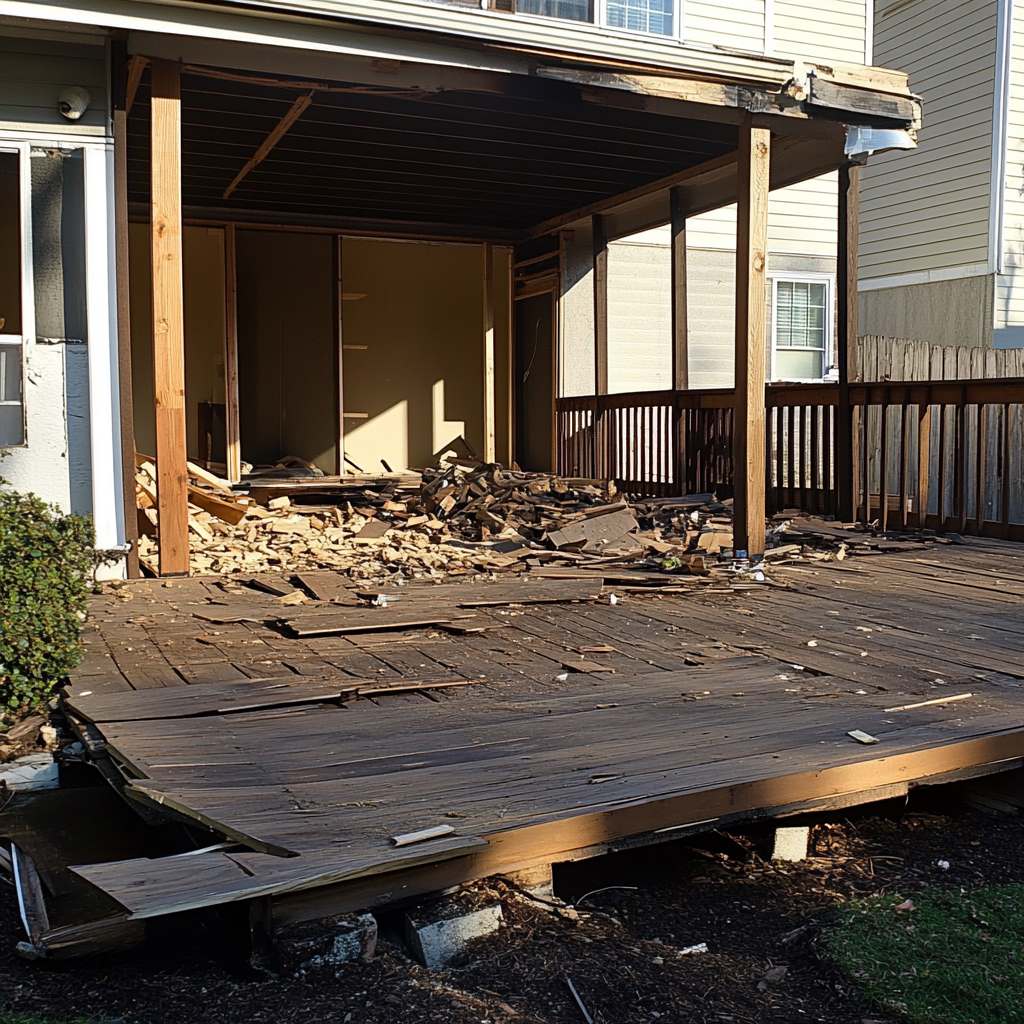 Damaged wooden deck and patio with debris