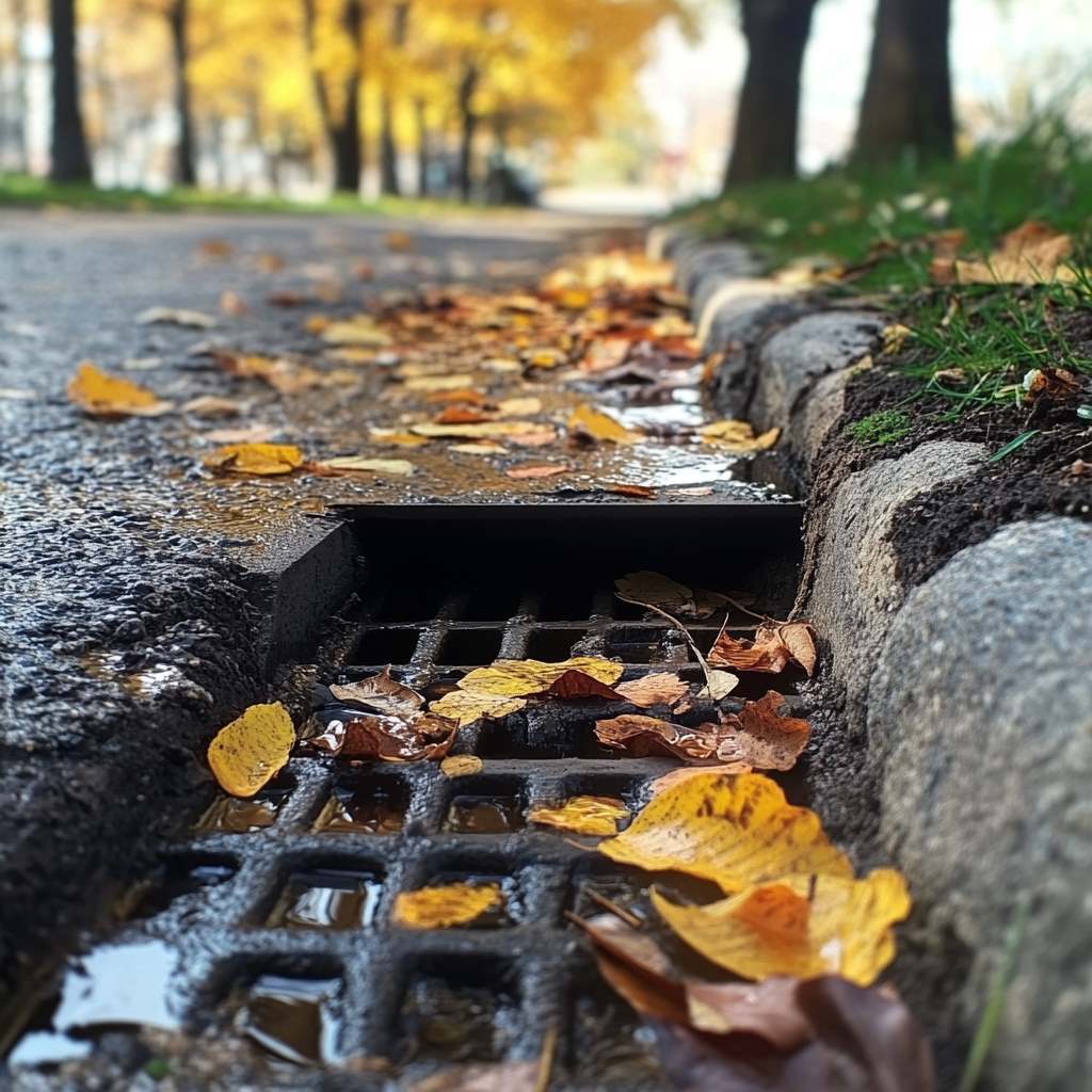 Autumn leaves on wet street drain by sidewalk