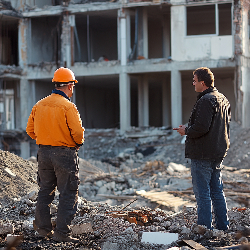 Two men discussing at construction site ruins