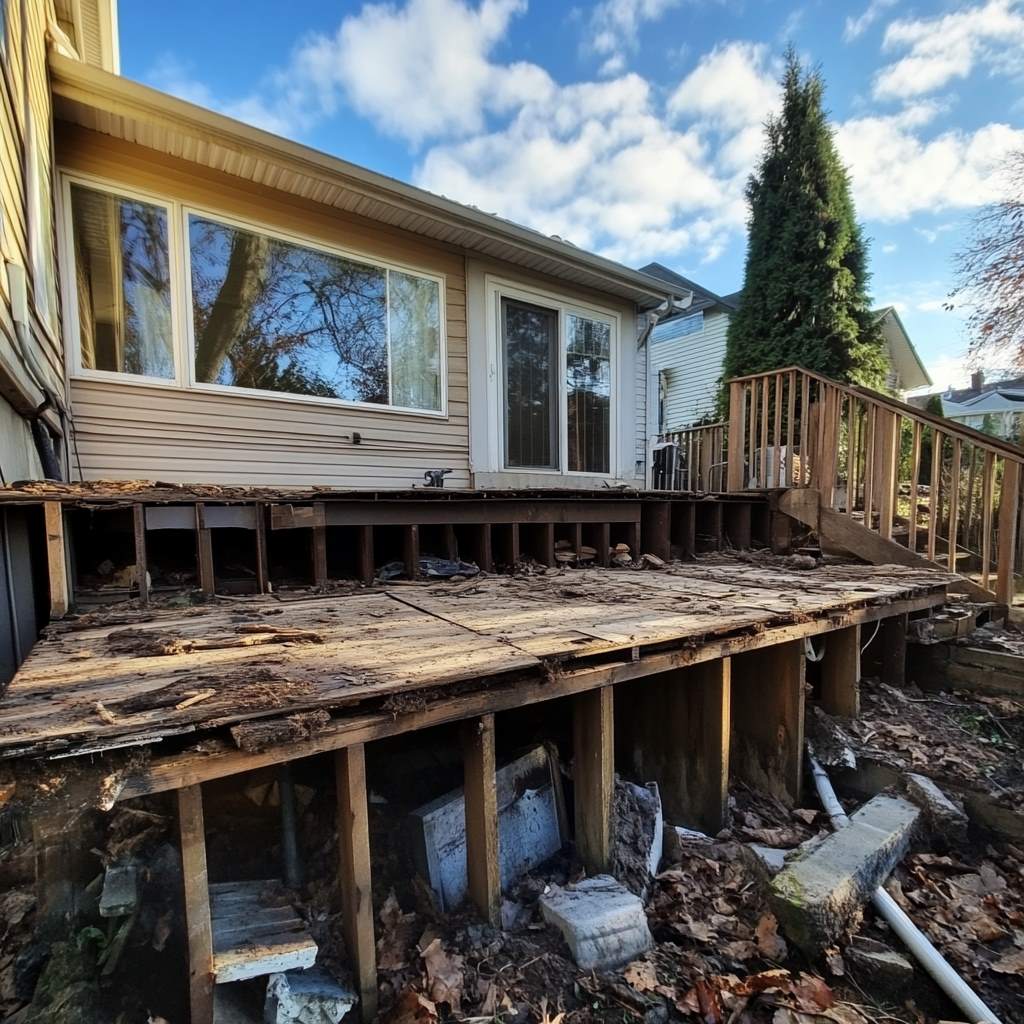 Dilapidated wooden deck at suburban home