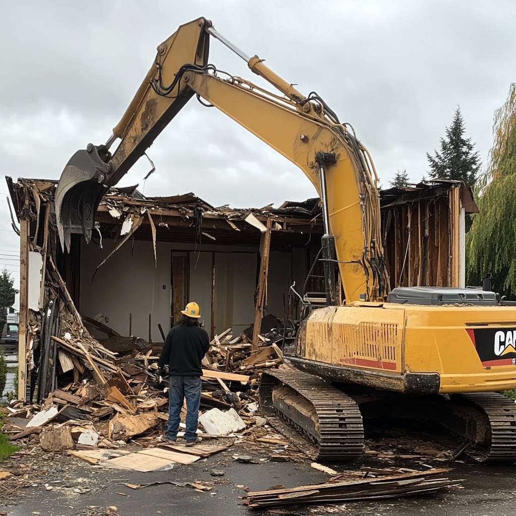 Worker observing excavator demolishing a house