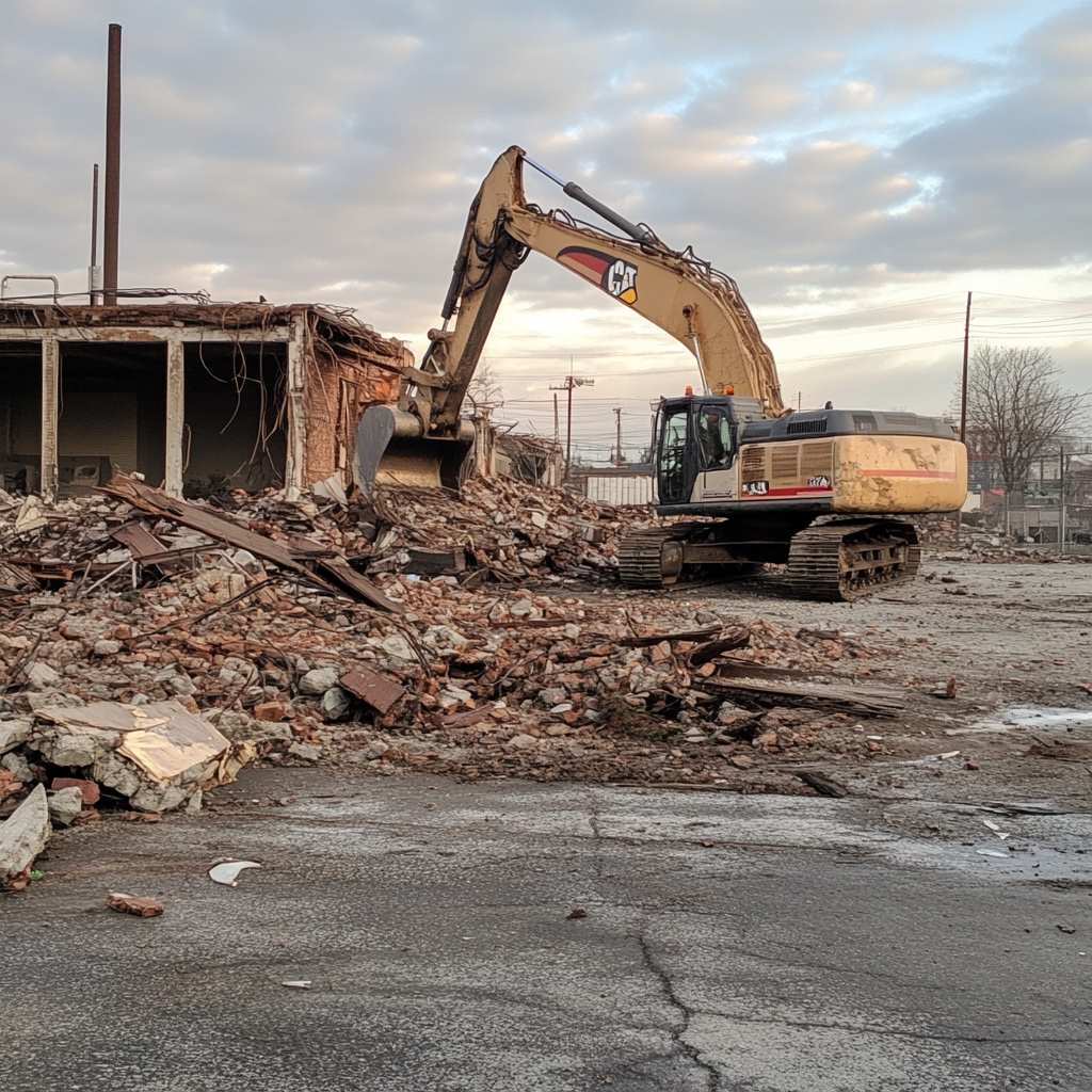 Excavator demolishing building amidst rubble