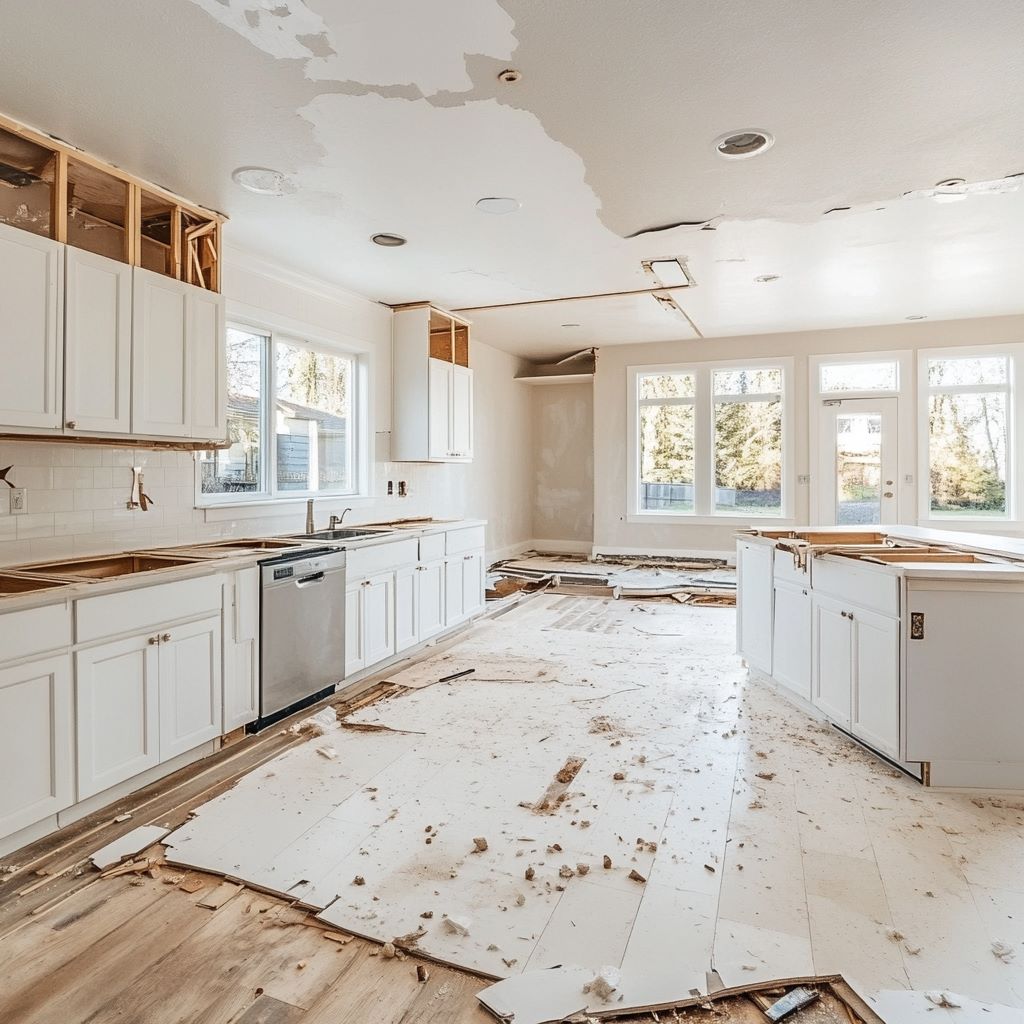 Damaged kitchen interior with debris and ceiling damage