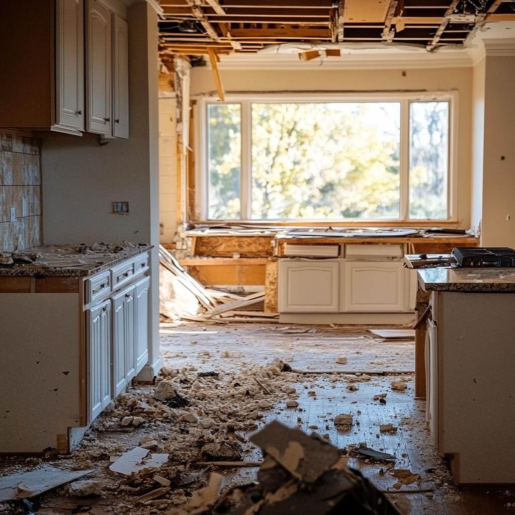 Demolished kitchen interior with debris and exposed beams