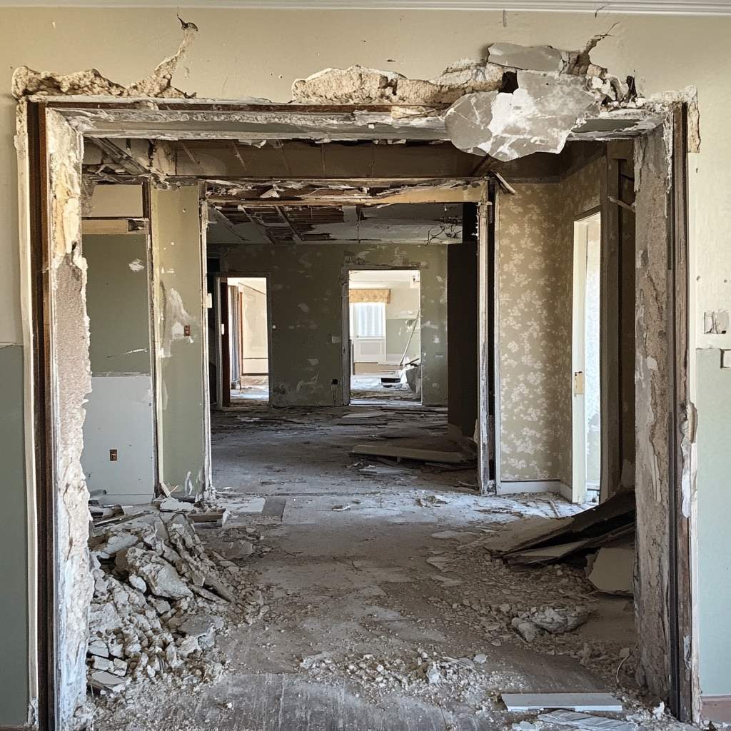 Damaged interior of building with debris and collapsed walls