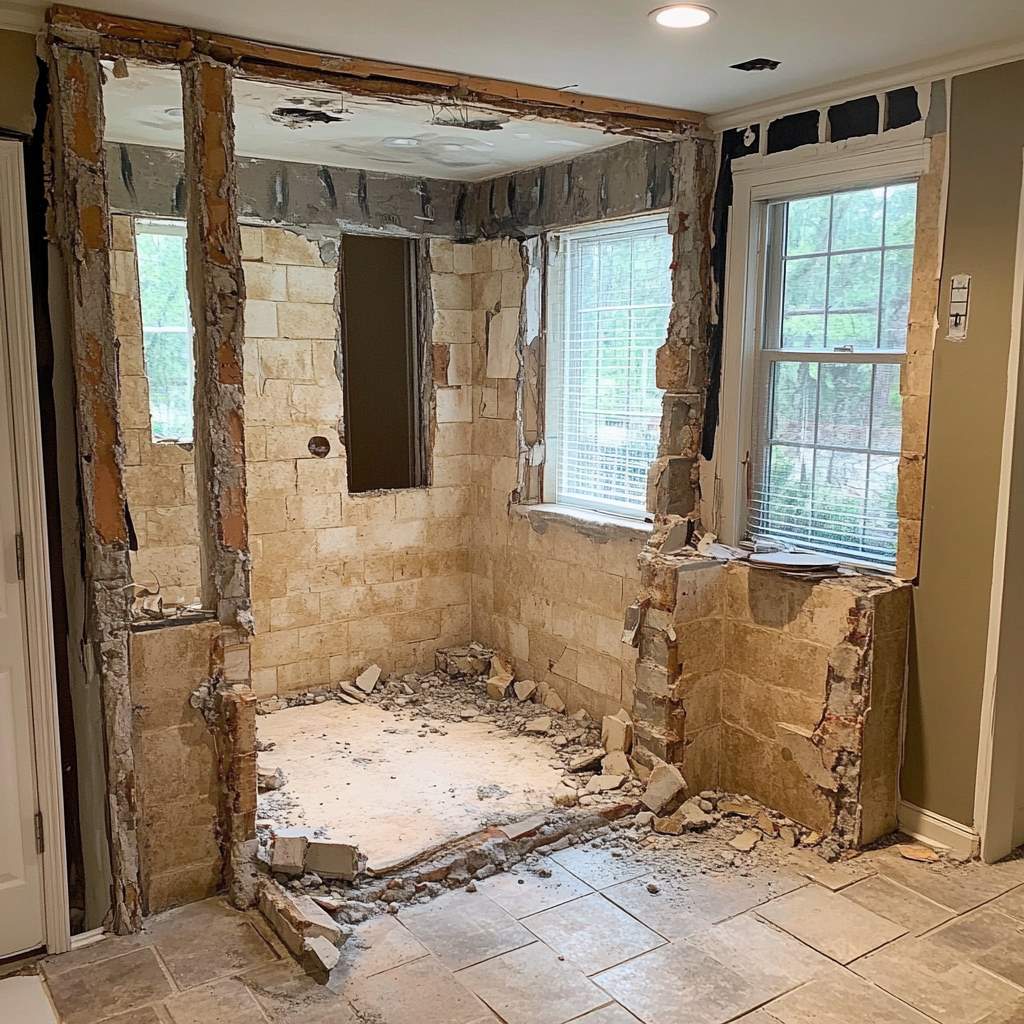 Bathroom under demolition showing exposed walls and debris