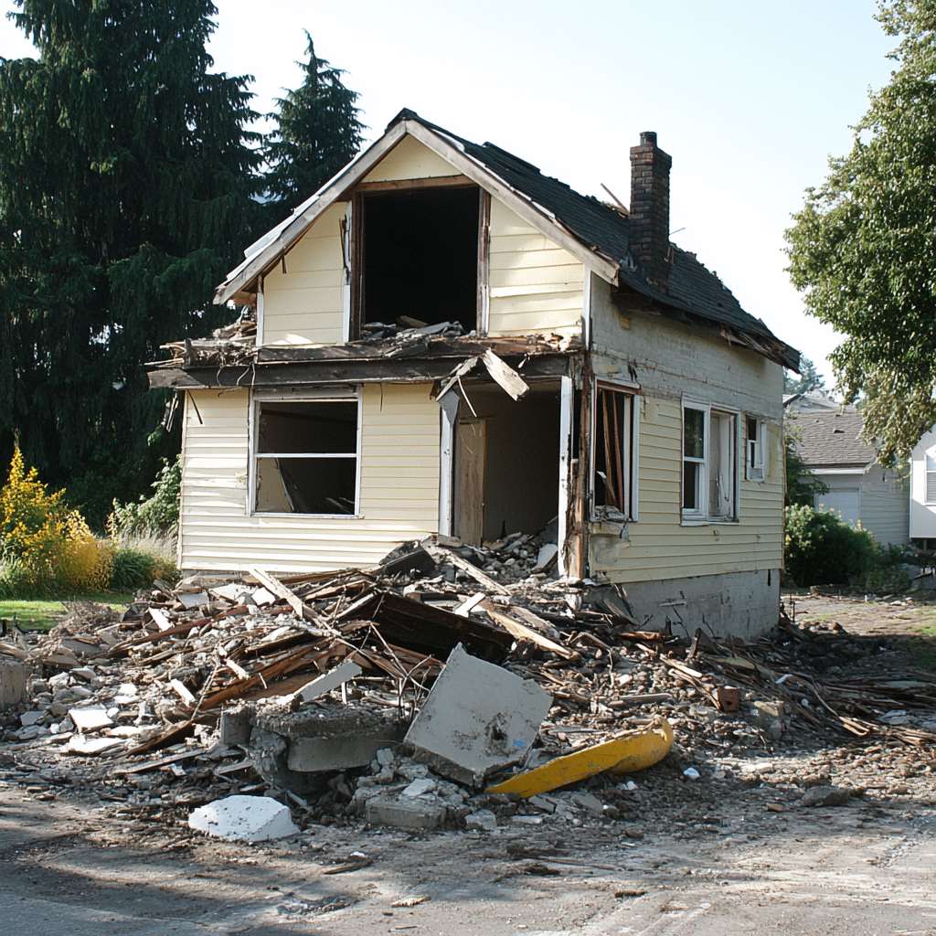 Heavily damaged yellow house with debris around