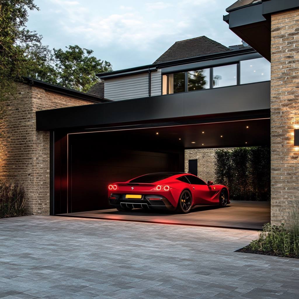 Red sports car exiting modern home garage