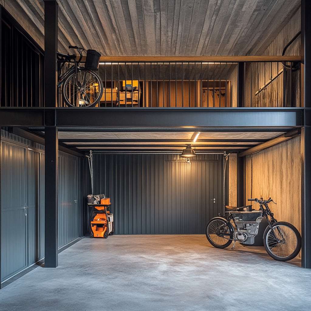 Modern garage interior with bicycles and storage shelves