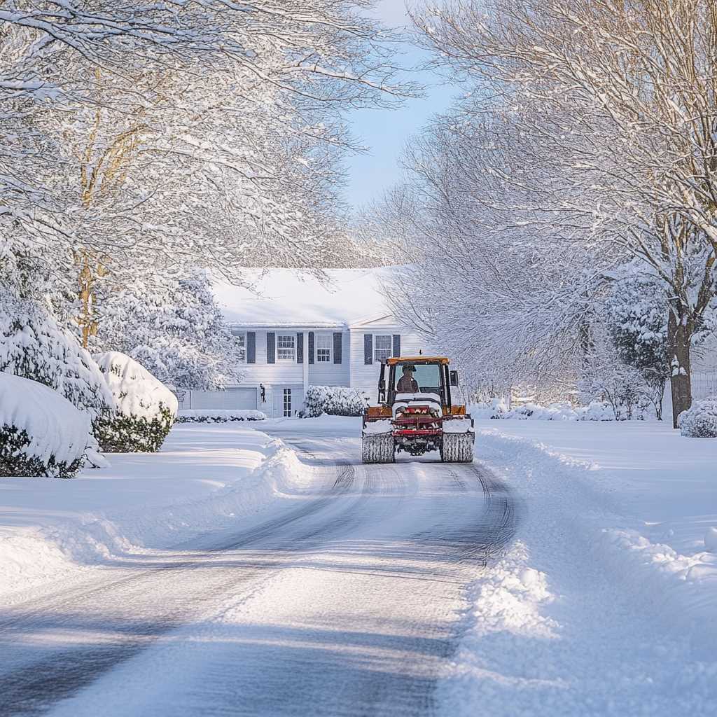 Tractor clearing snow on residential street with snowy trees