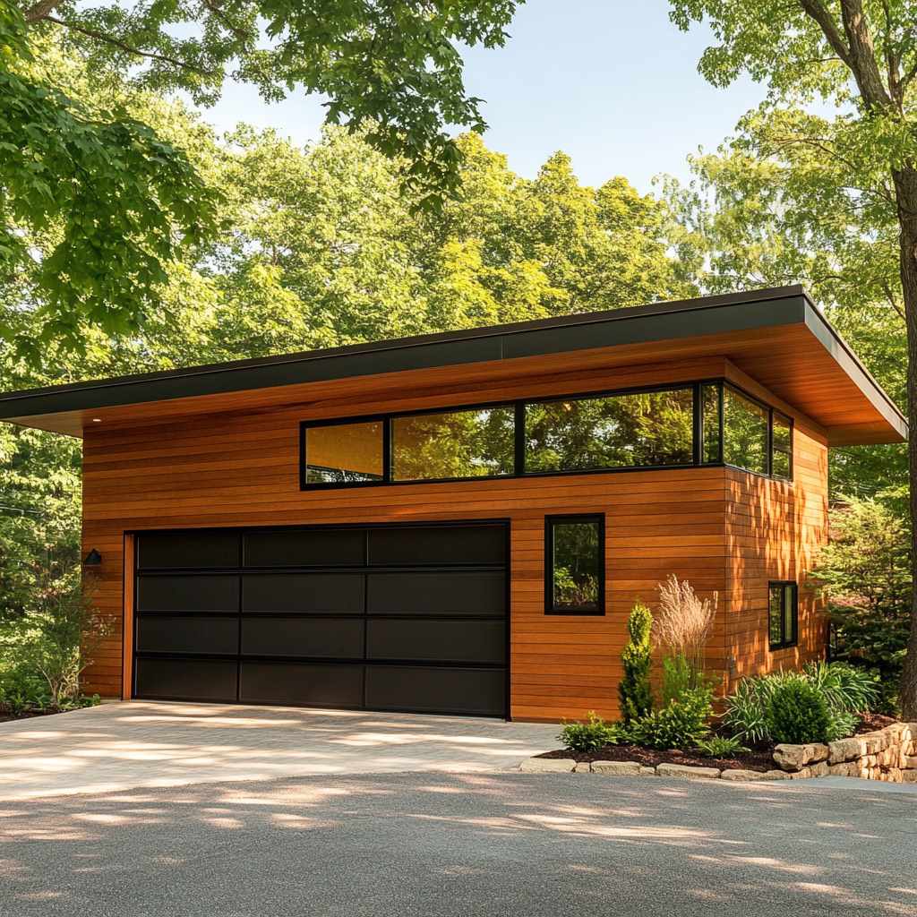 Modern wooden house with large garage and trees.