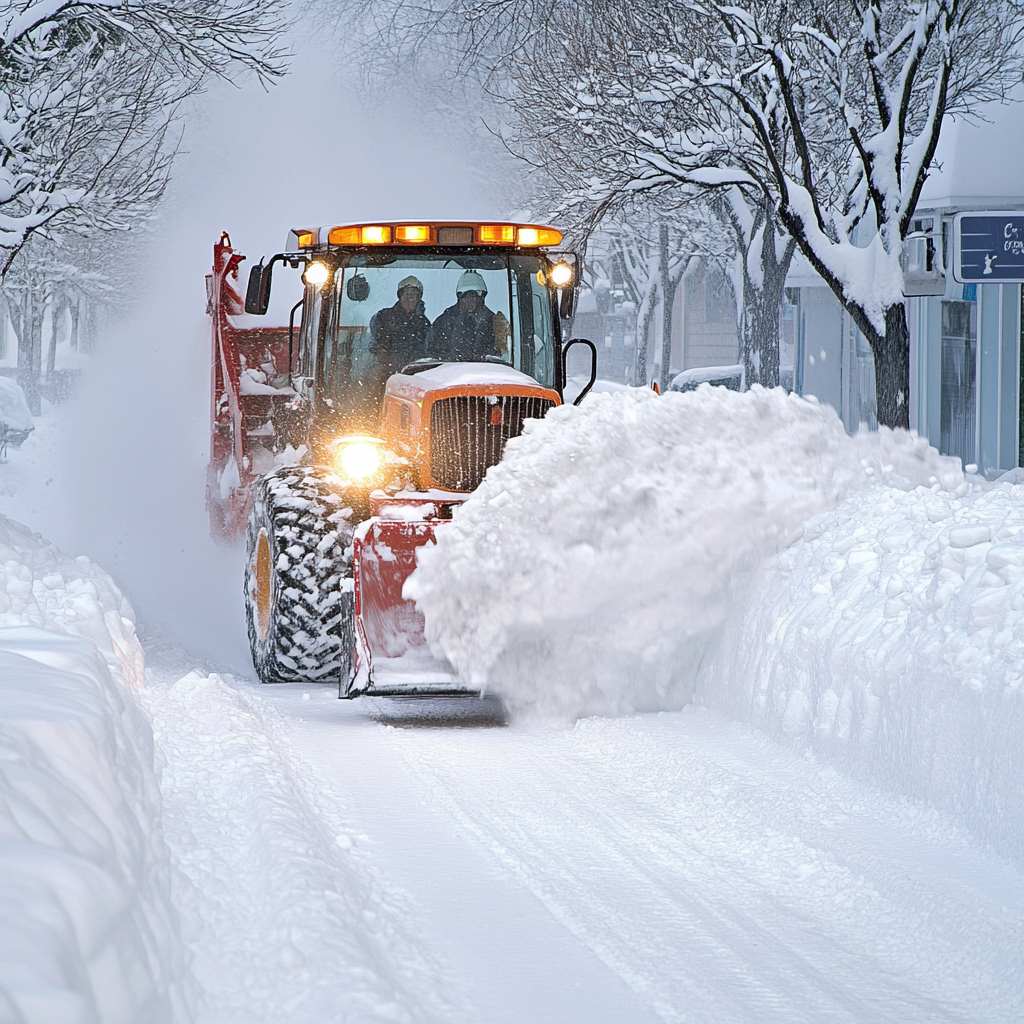 Snow plow clearing road during heavy snowfall