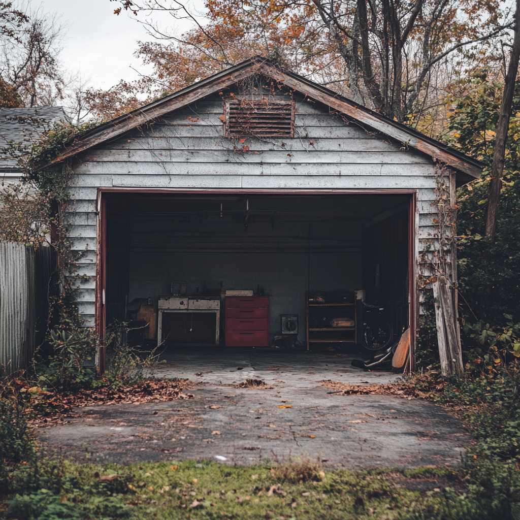 Weathered garage with open door in autumn setting