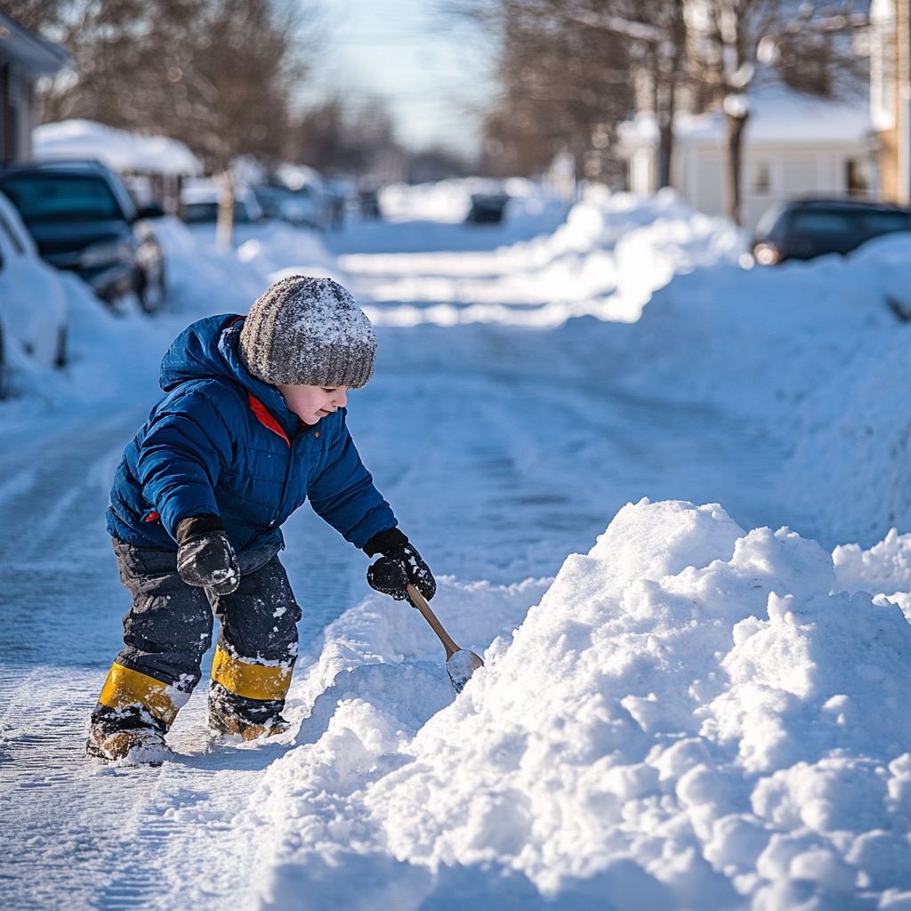 Young boy shoveling snow on sunny winter day