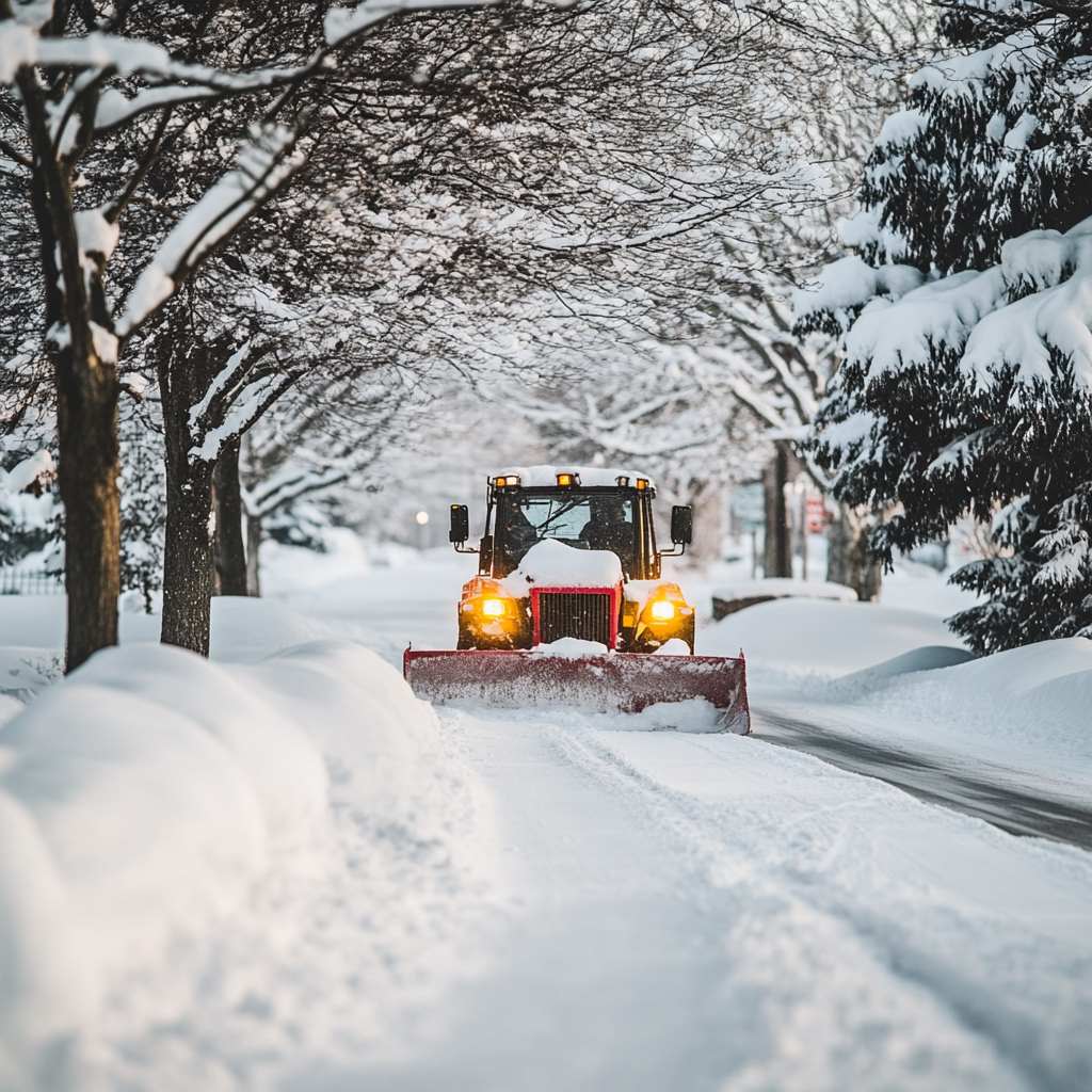 Snow plow clearing snowy street