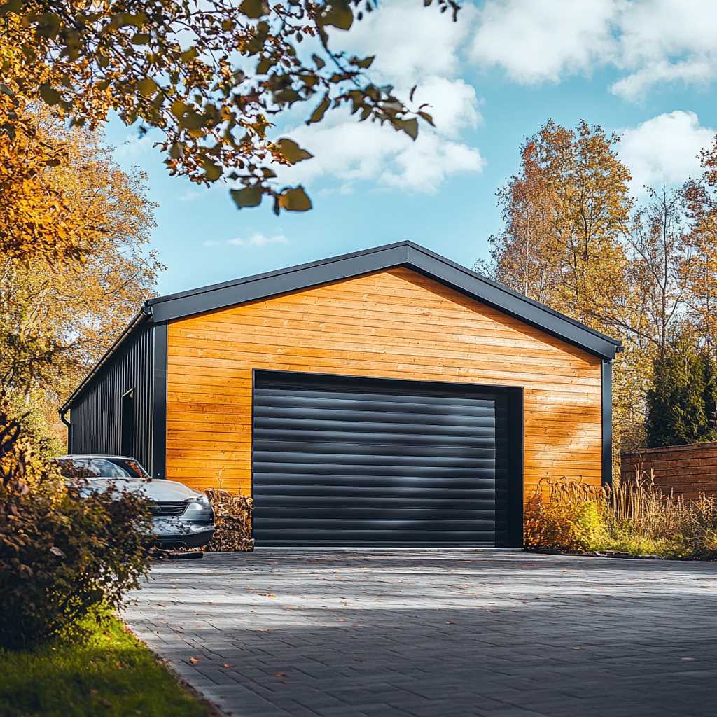 Modern garage with wooden facade and parked car